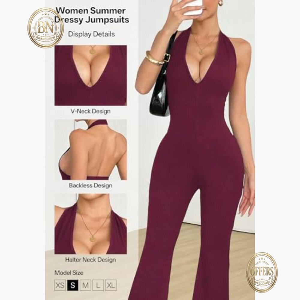 Polyester Elastane Halterneck Backless Flared Jum… - image 6